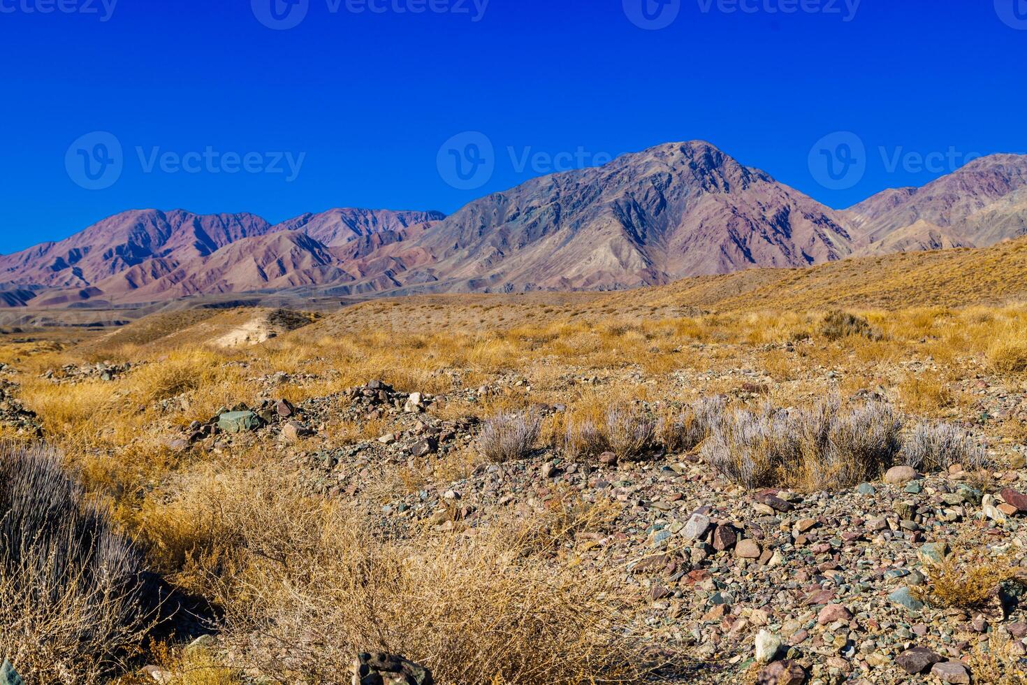 rocks and dry grass tufts in autumn mountains scene at sunny day photo