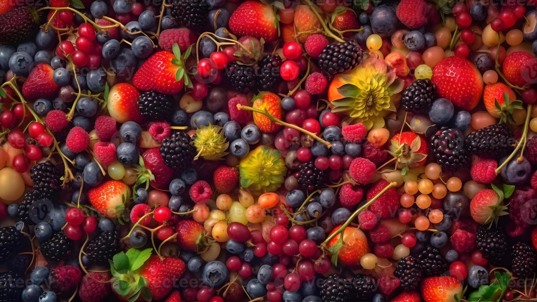 AI generated Berry mix photorealistic colorful full-frame closeup high angle view background, neural network generated image photo