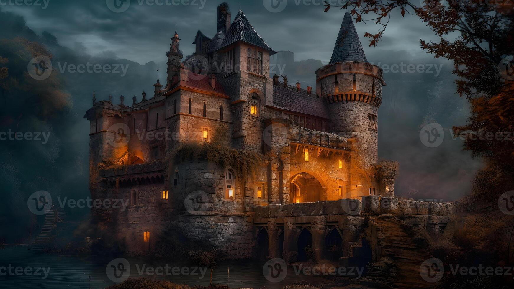 AI generated dark foggy night scene with gothic medieval stone castle building, neural network generated image photo
