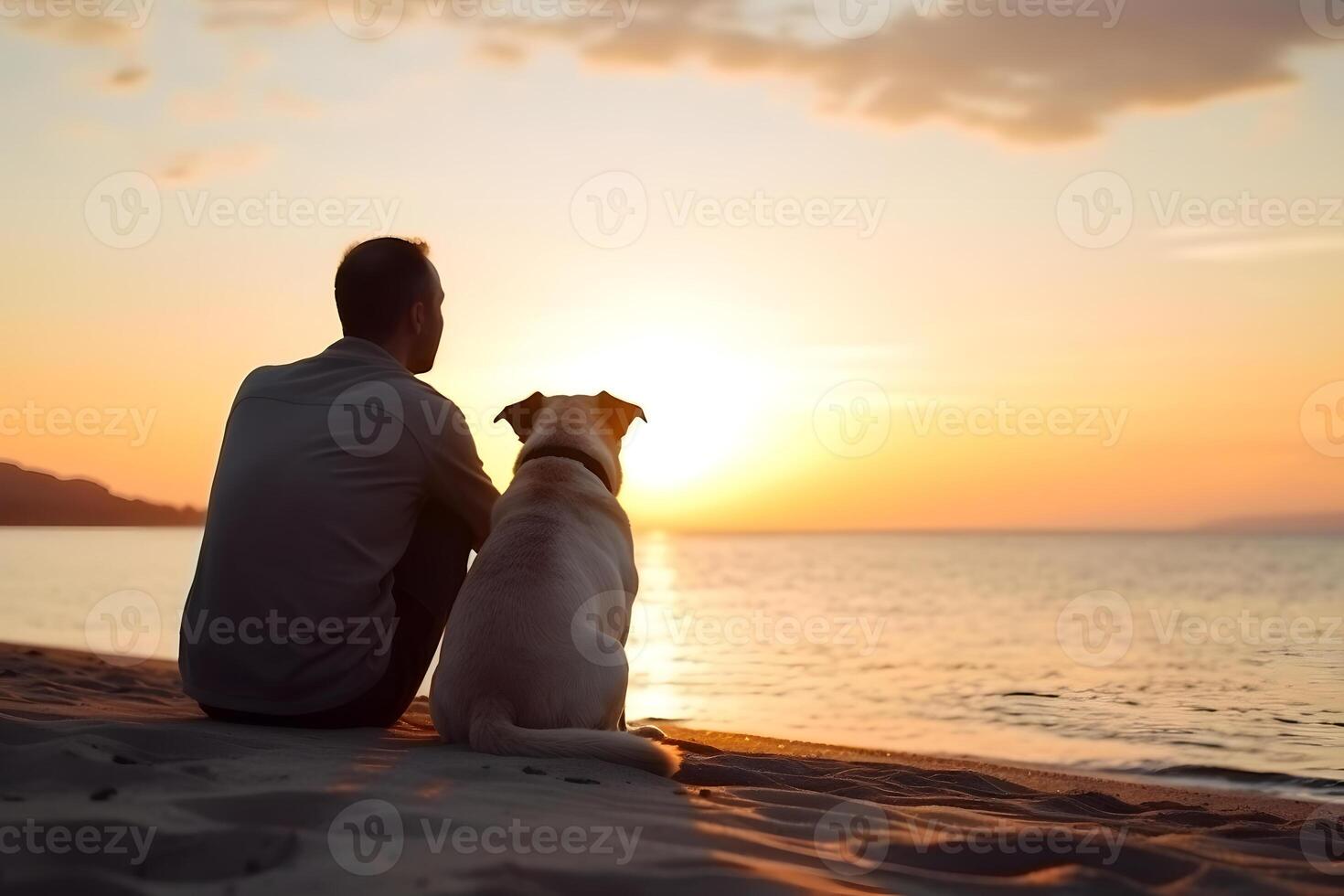AI generated Friendship concept. Man and dog sitting together at sea beach and looking at sunset, neural network generated art photo