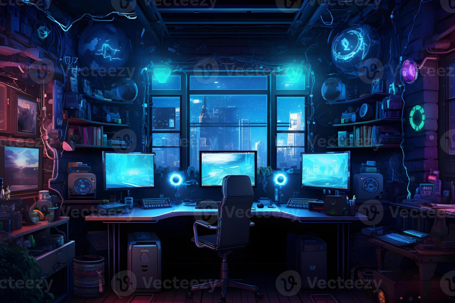 AI generated Messy and dark cyberpunk hacker hideout room. Neural network generated image photo
