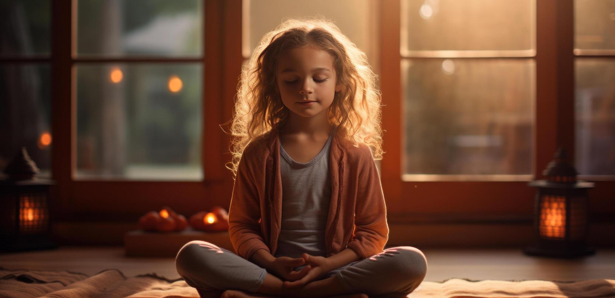 ai generado linda joven niña haciendo yoga por el ventana foto