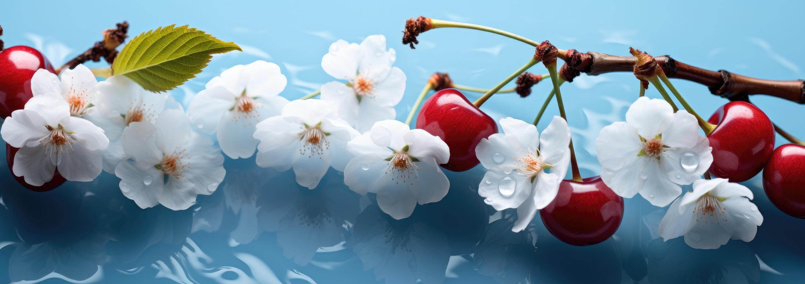 AI generated cherries wallpapers on branches with blue background photo