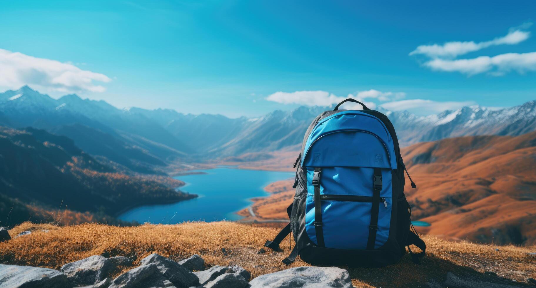 ai generado azul mochila en un montaña con montañas y lago en antecedentes foto