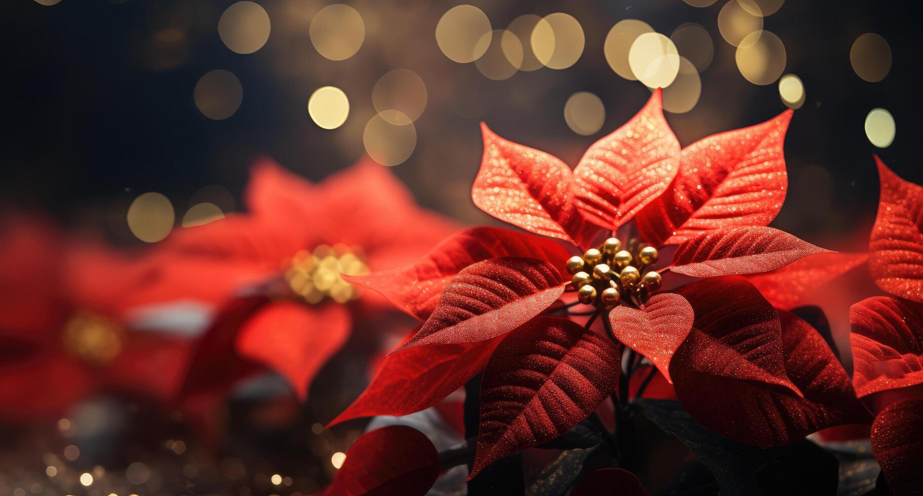 AI generated christmas poinsettias with lights and bokeh photo