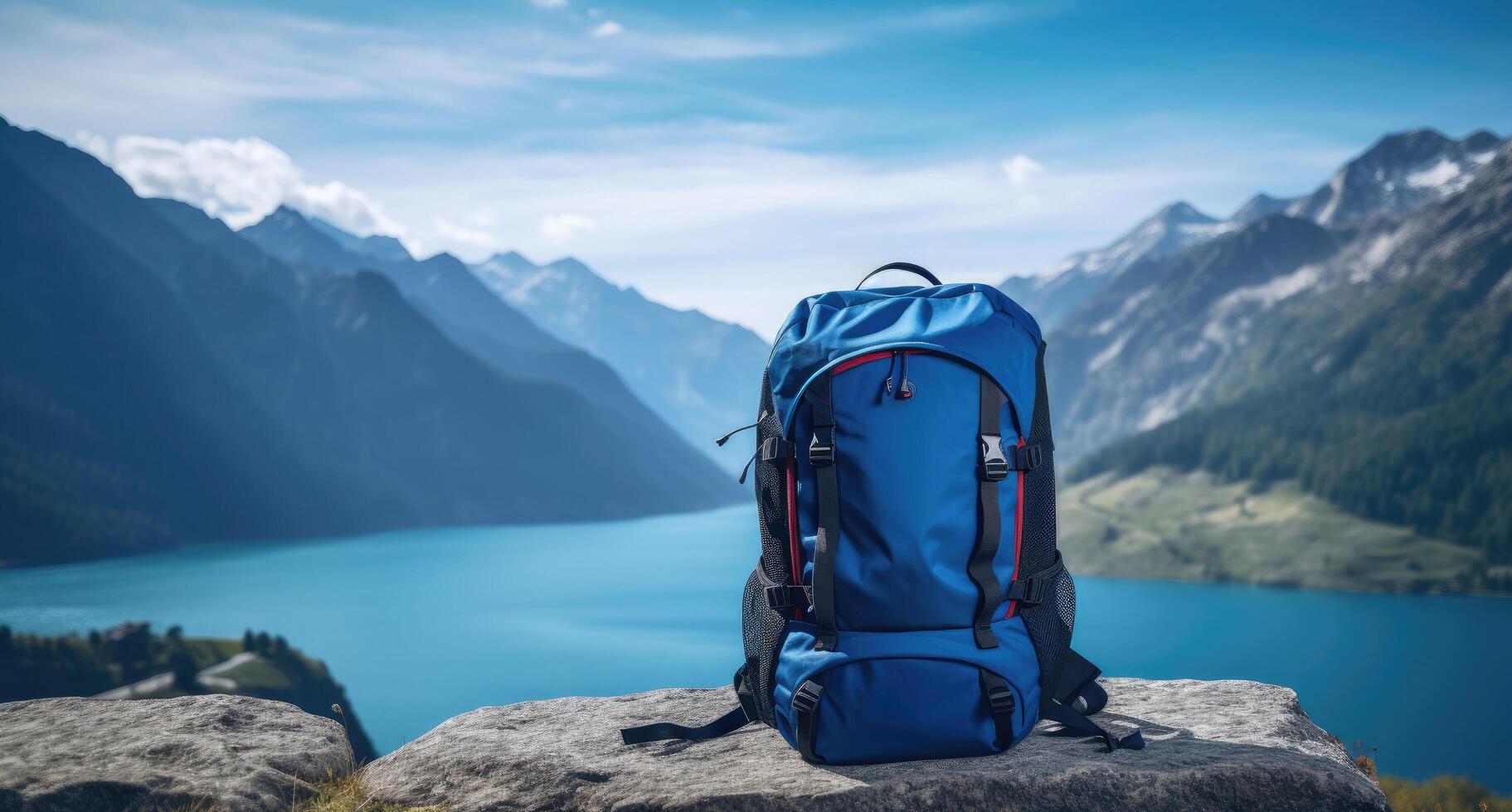 ai generado azul mochila en un montaña con montañas y lago en antecedentes foto