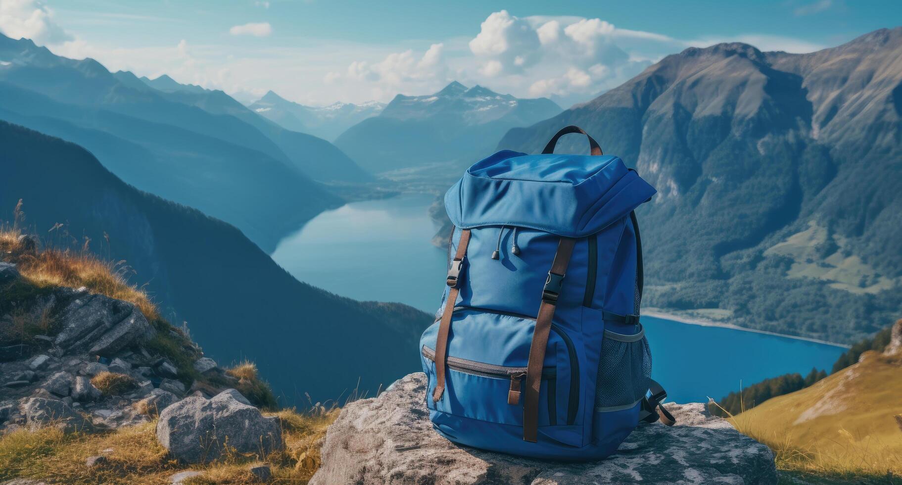 ai generado azul mochila en un montaña con montañas y lago en antecedentes foto