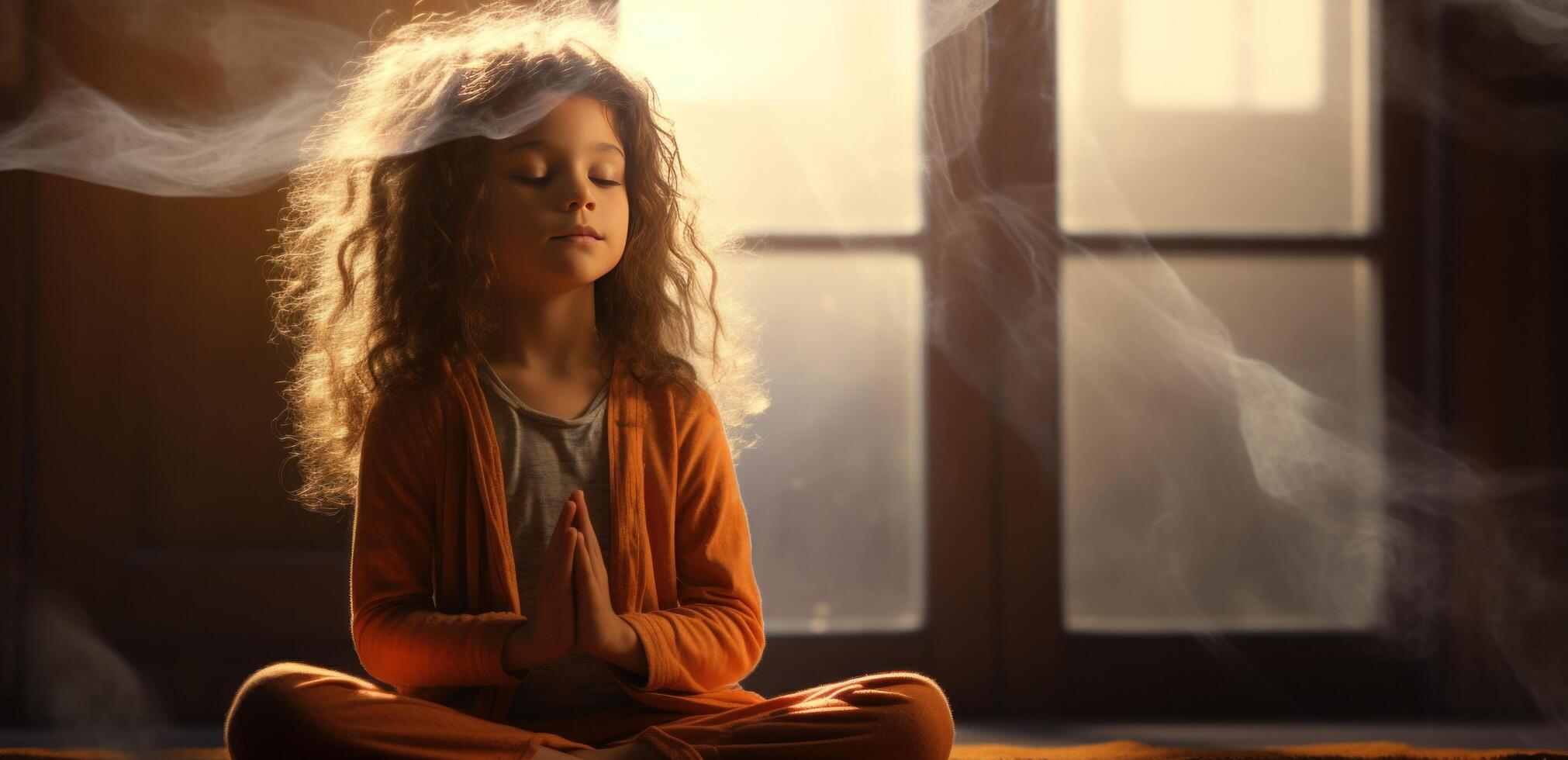 AI generated cute young girl doing yoga by the window photo