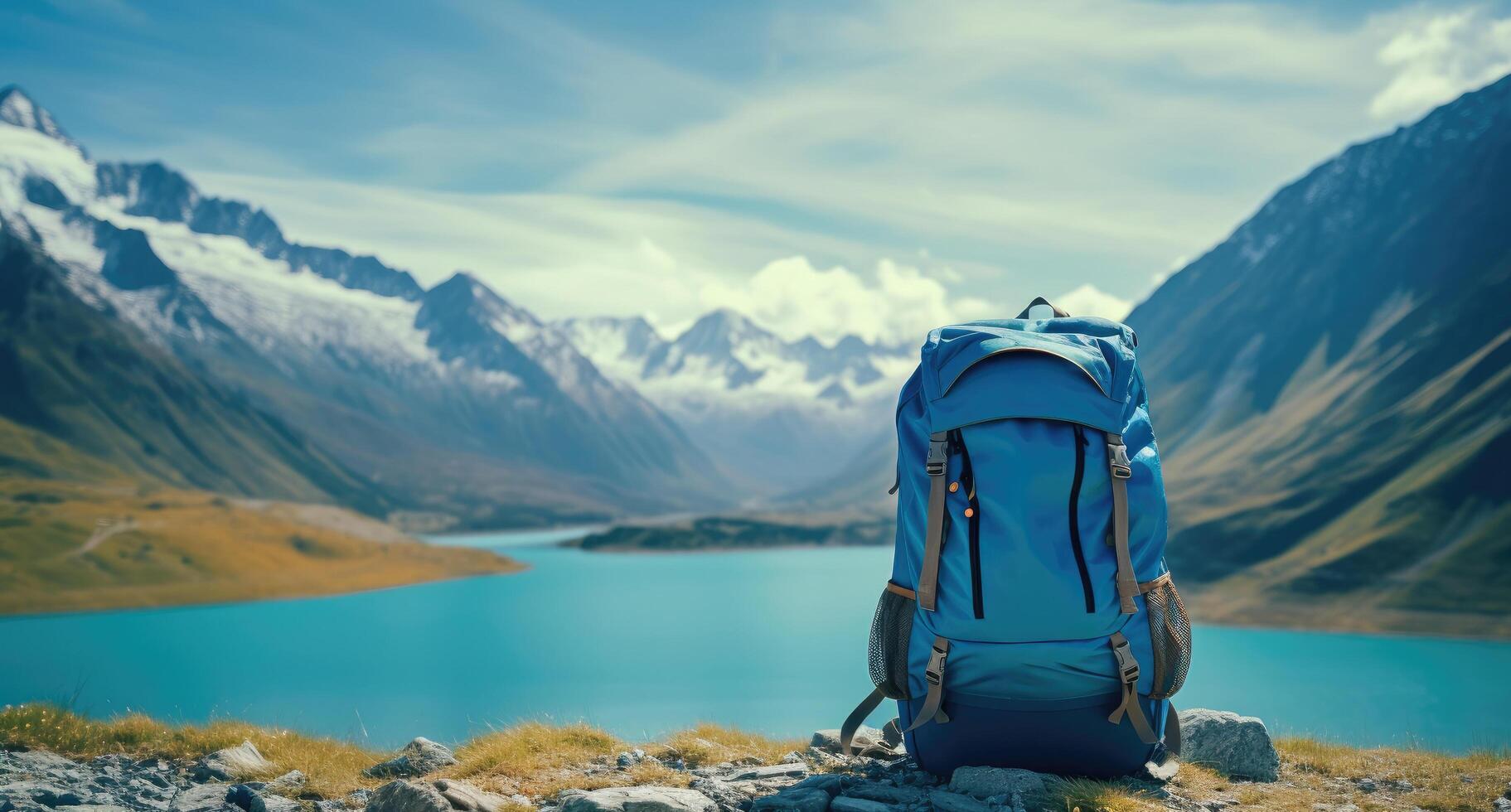 AI generated blue backpack on a mountain with mountains and lake in background photo