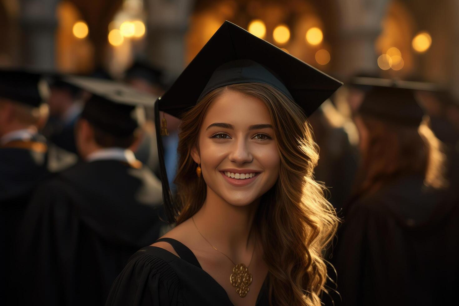 AI generated a young woman with diploma in front of a crowd of graduates, photo