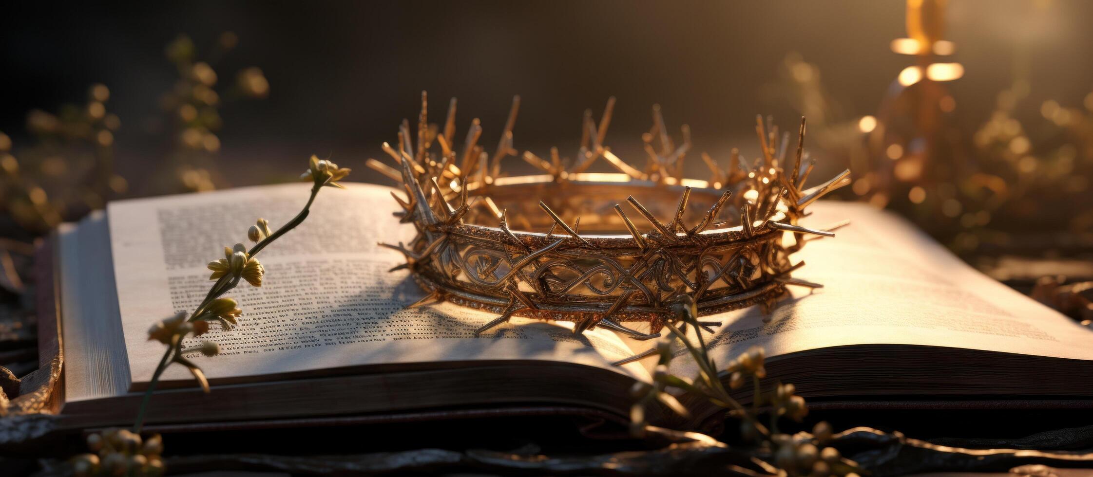 AI generated crown of thorns on an open bible photo