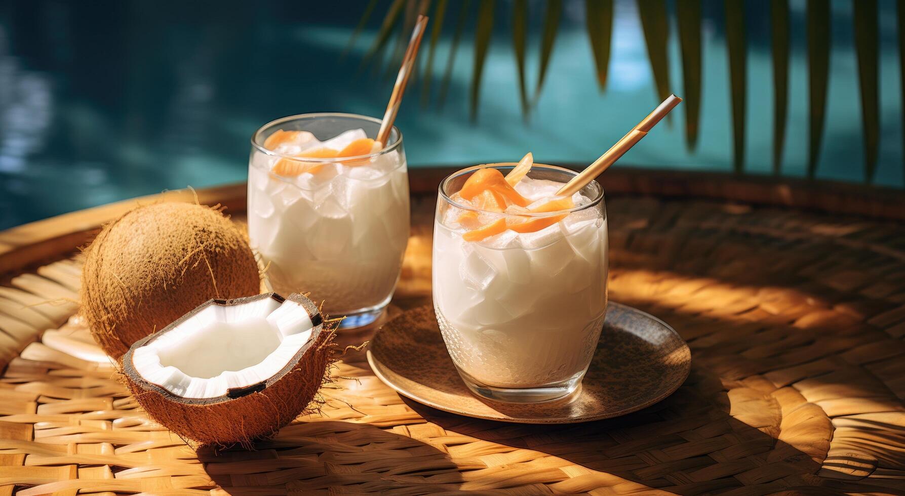 AI generated coconuts on beach table near blue reflection of swimming pool with coconut cocktails, tan photo