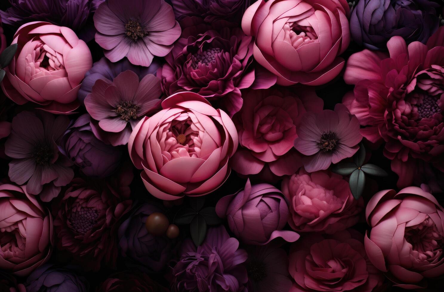 AI generated close up of peonies in dark photo