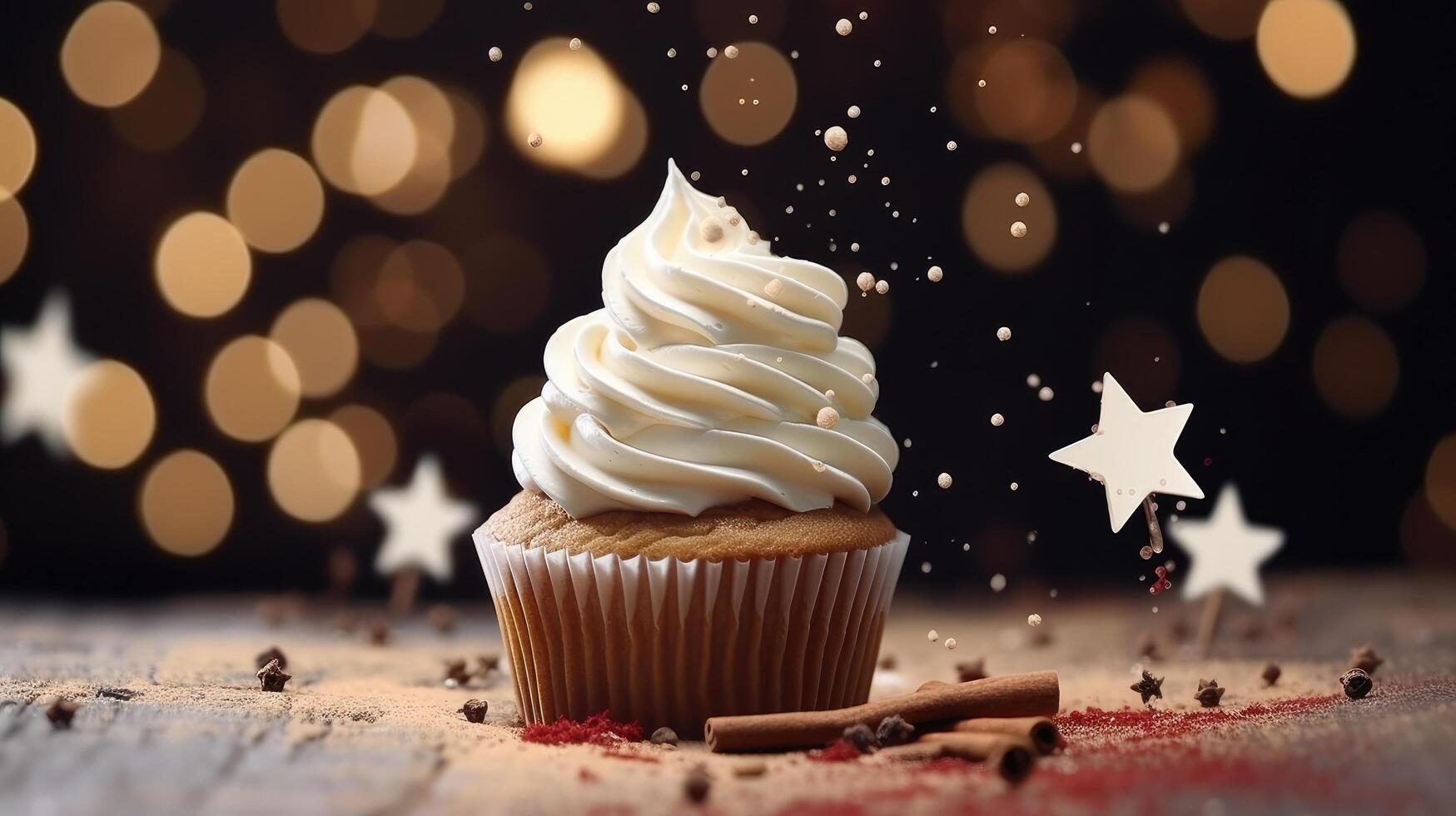 AI generated christmas white cupcake with cinnamon stick photo