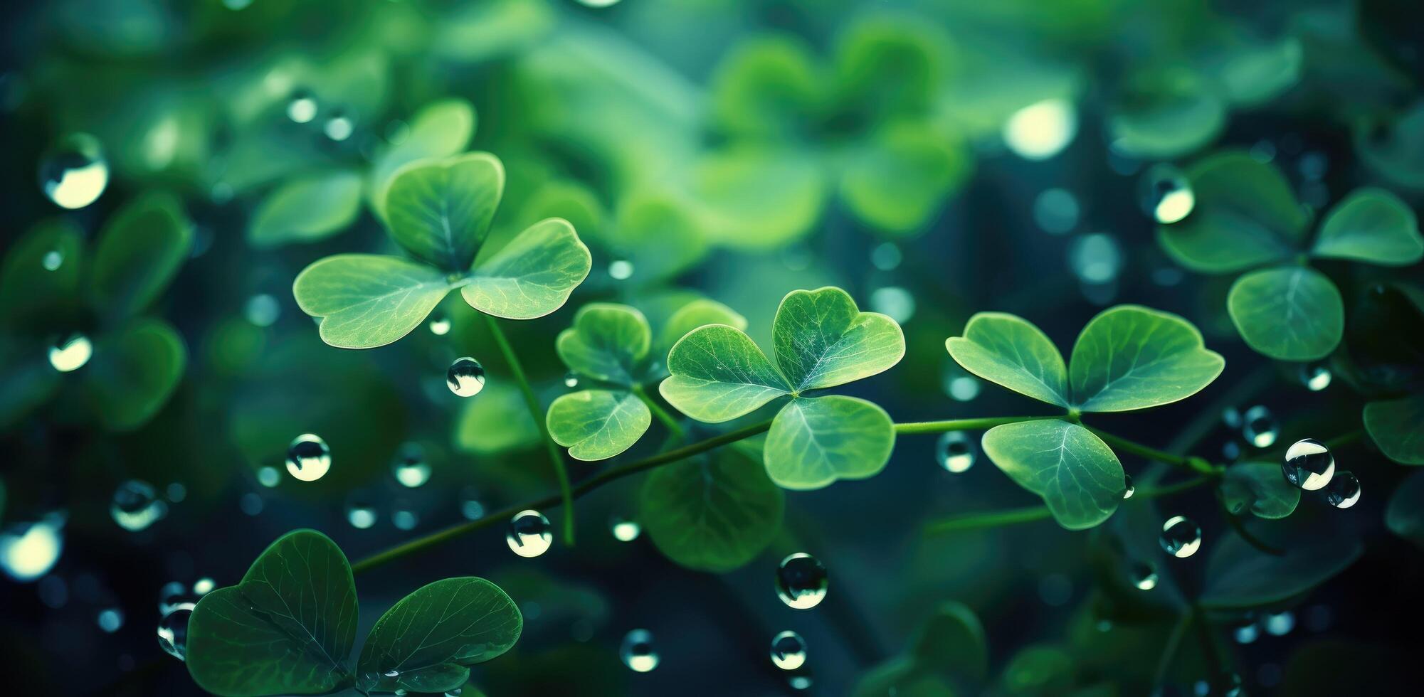 AI generated clover leaves and grasses near green background with water droplets photo