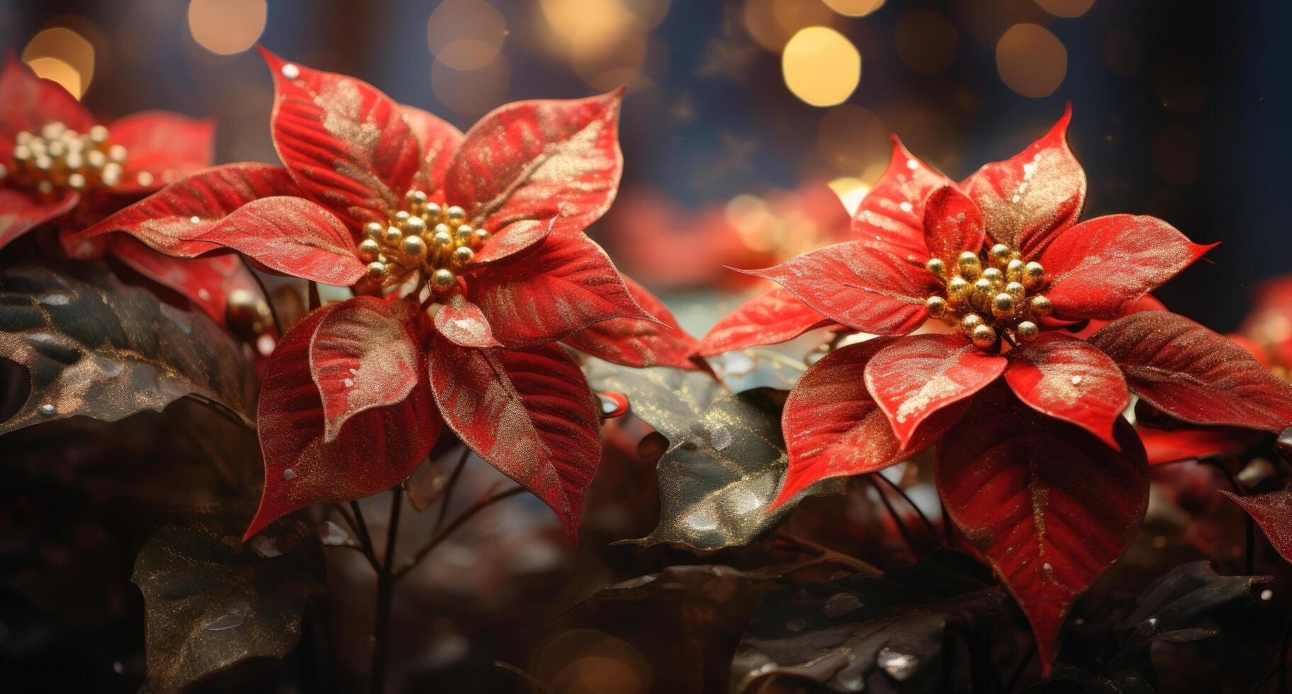 ai generado Navidad flor de pascua con luces y bokeh foto