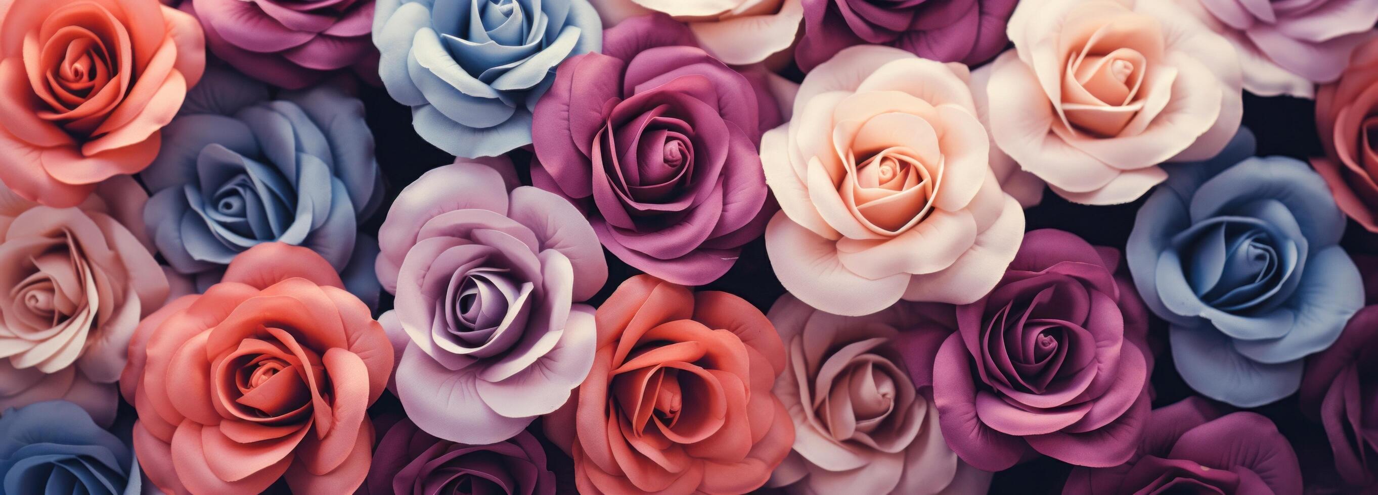 AI generated colorful roses arranged on green background photo