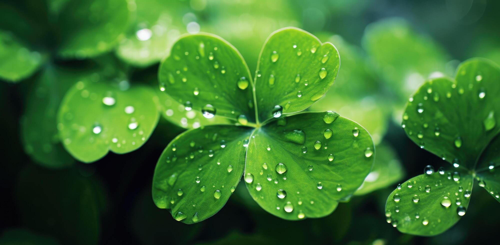 AI generated clover leaves and grasses near green background with water droplets photo