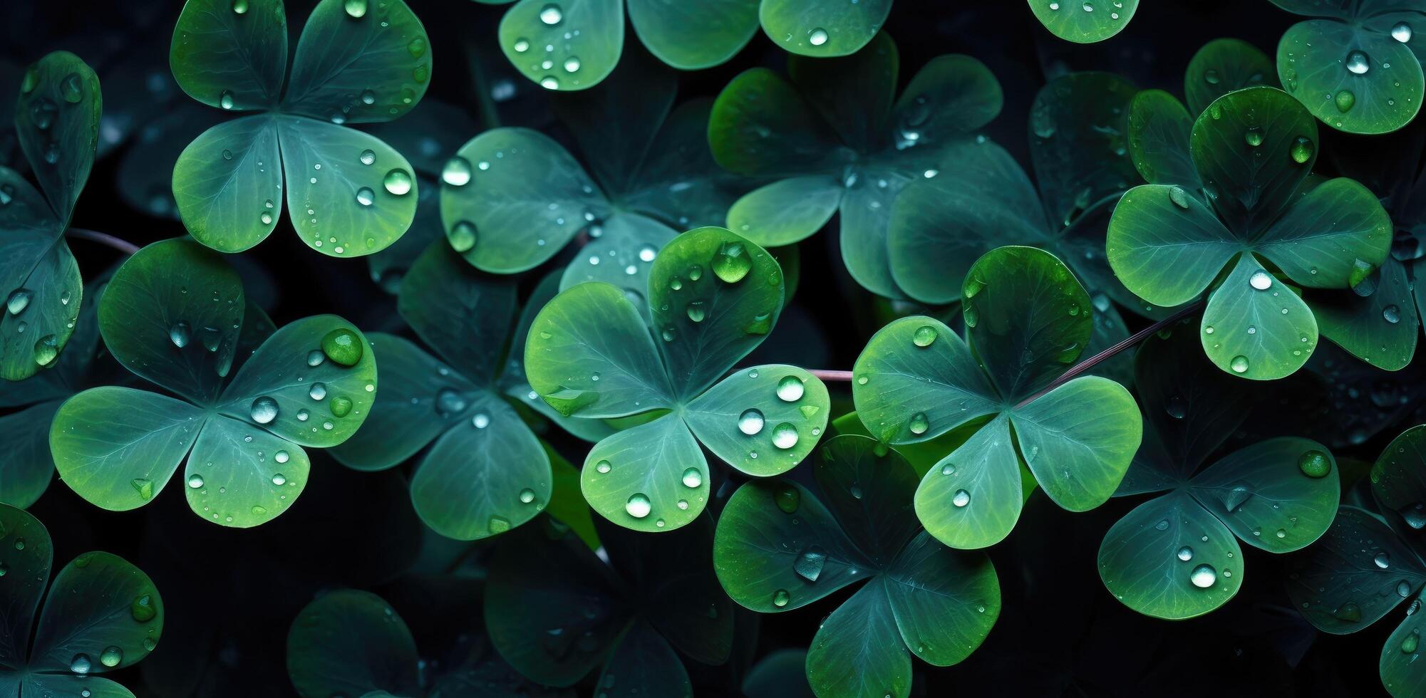 AI generated clover leaves and grasses near green background with water droplets photo