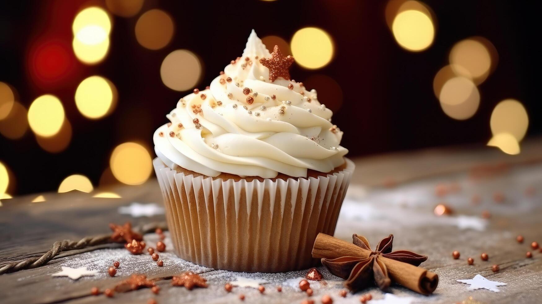 AI generated christmas white cupcake with cinnamon stick photo