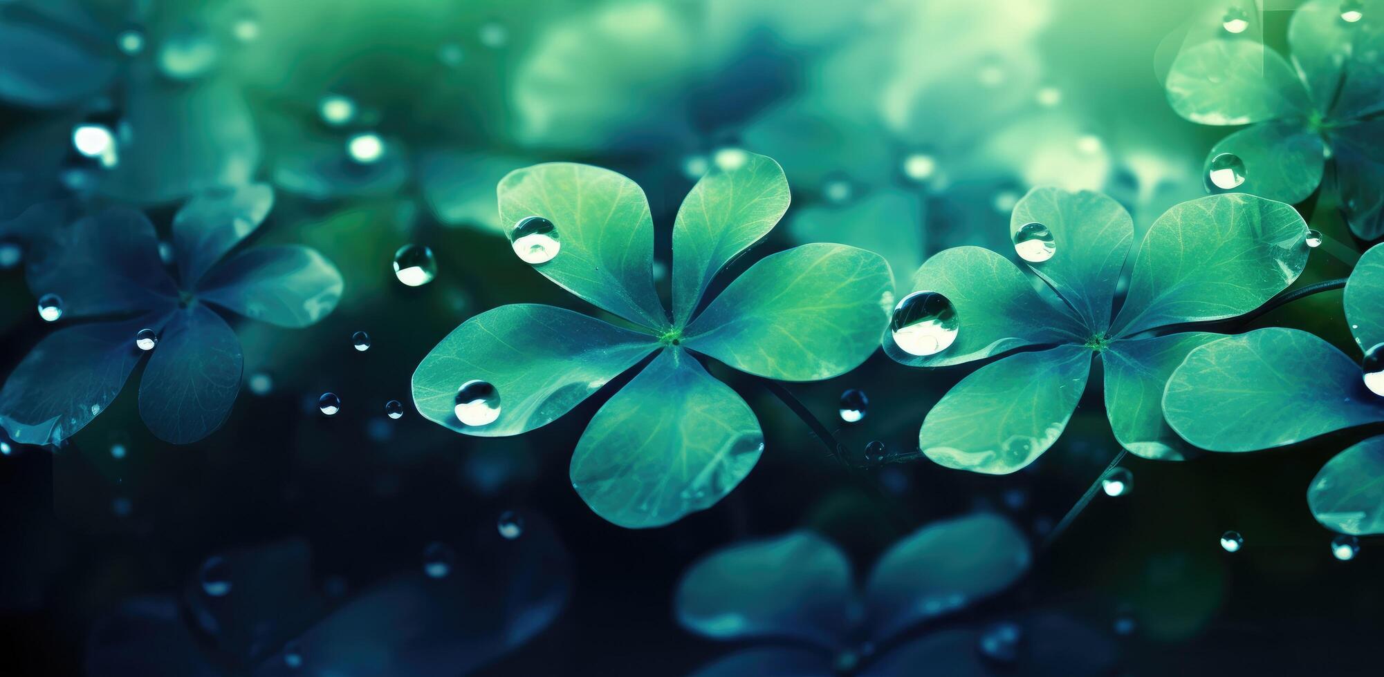 AI generated clover leaves and grasses near green background with water droplets photo