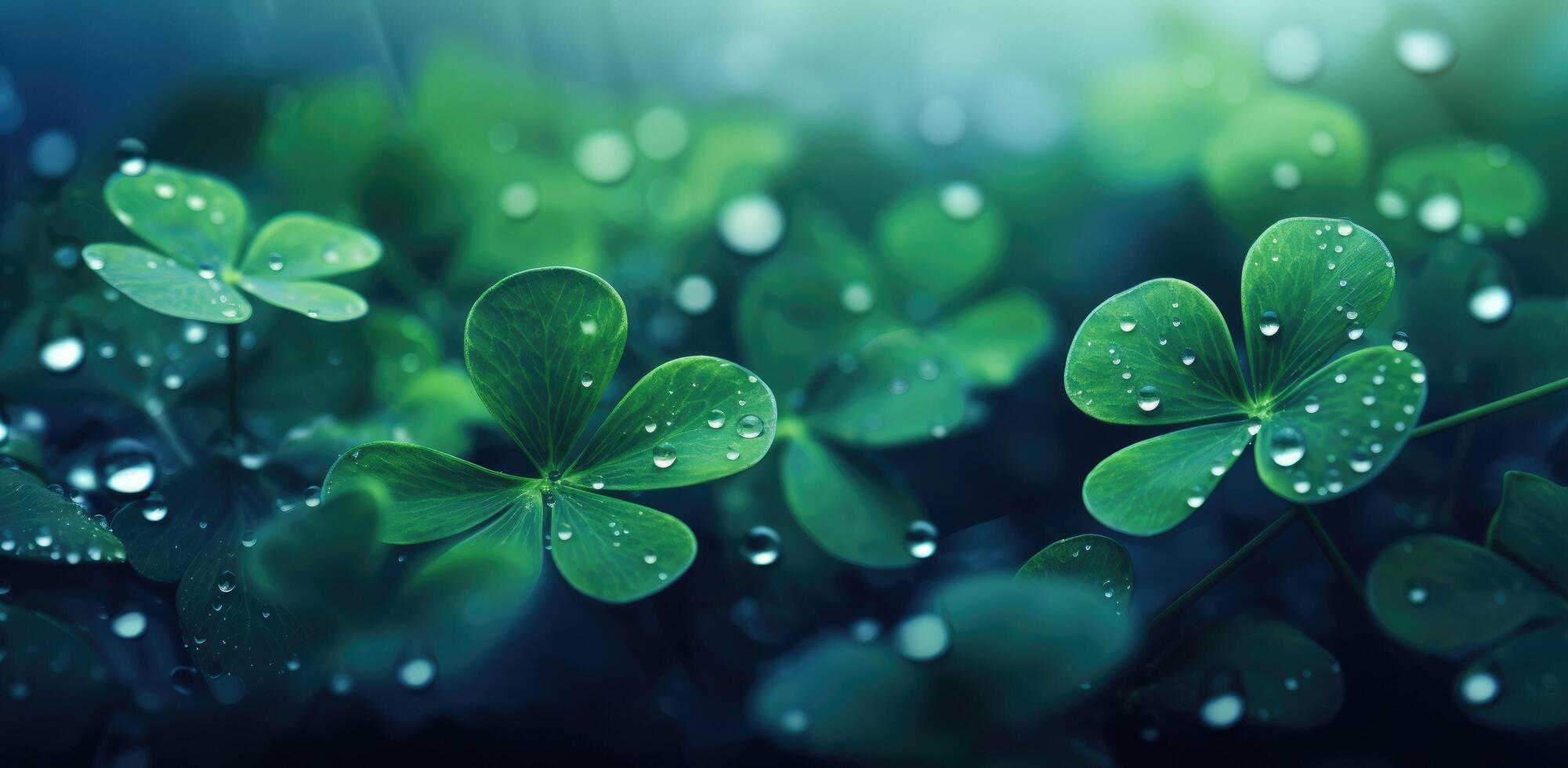 AI generated clover leaves and grasses near green background with water droplets photo