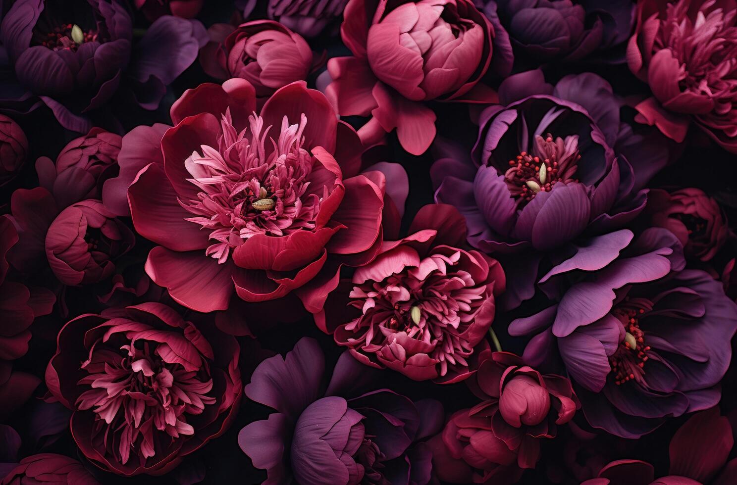 AI generated close up of peonies in dark photo