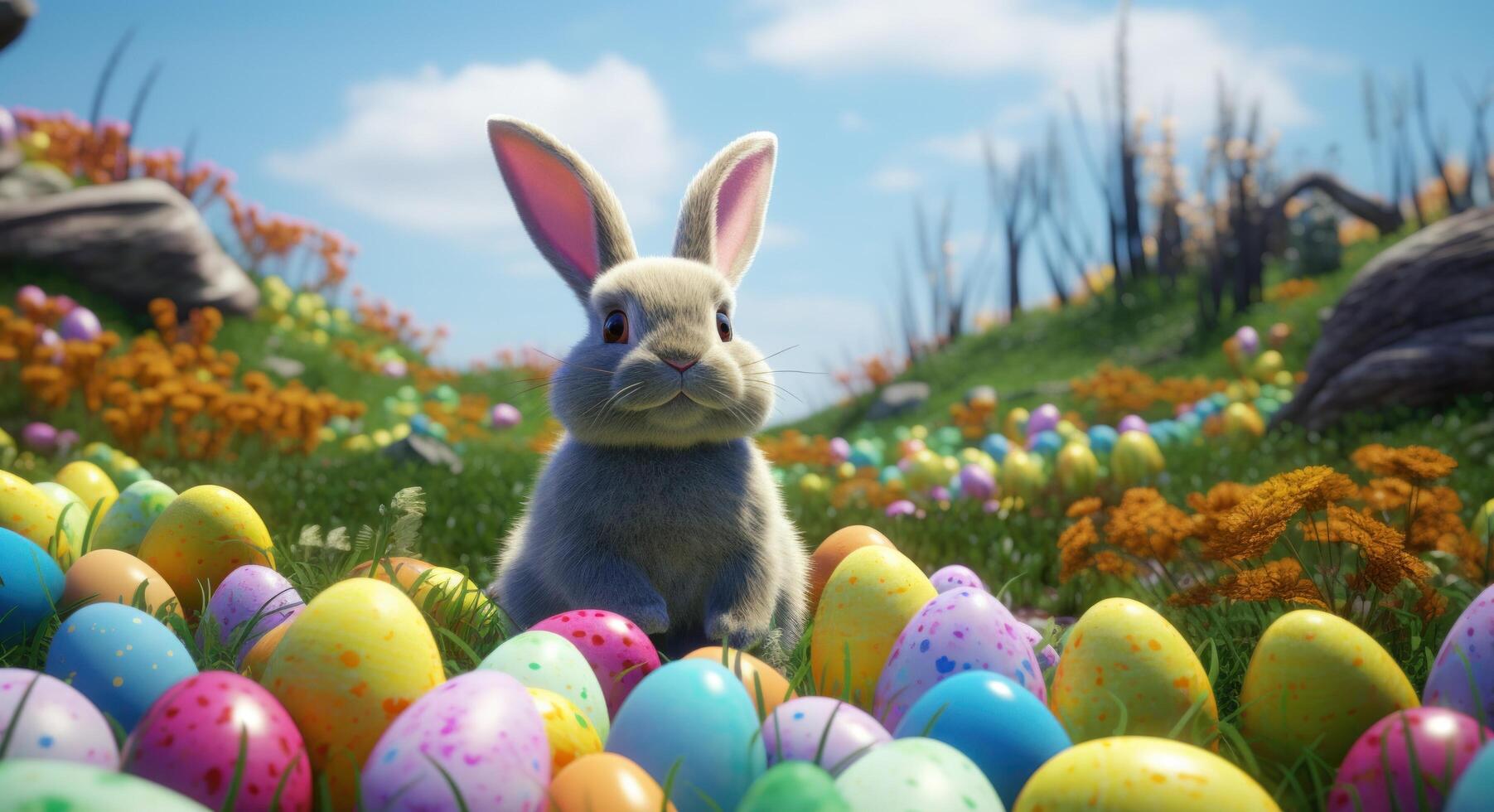 AI generated easter bunny in a field of colored eggs photo