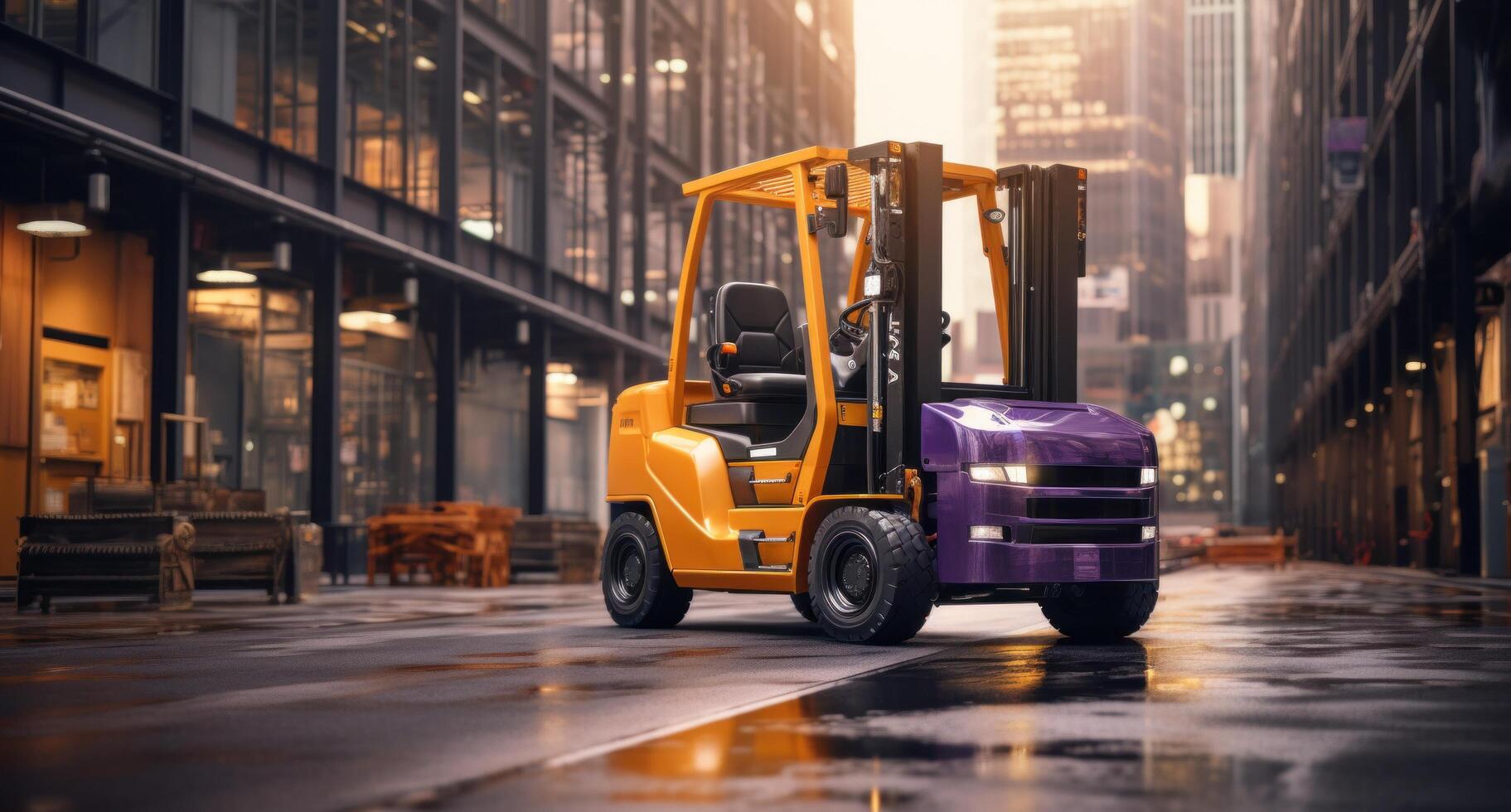 AI generated forklift in a warehouse moving forward against the blurred background of large buildings photo