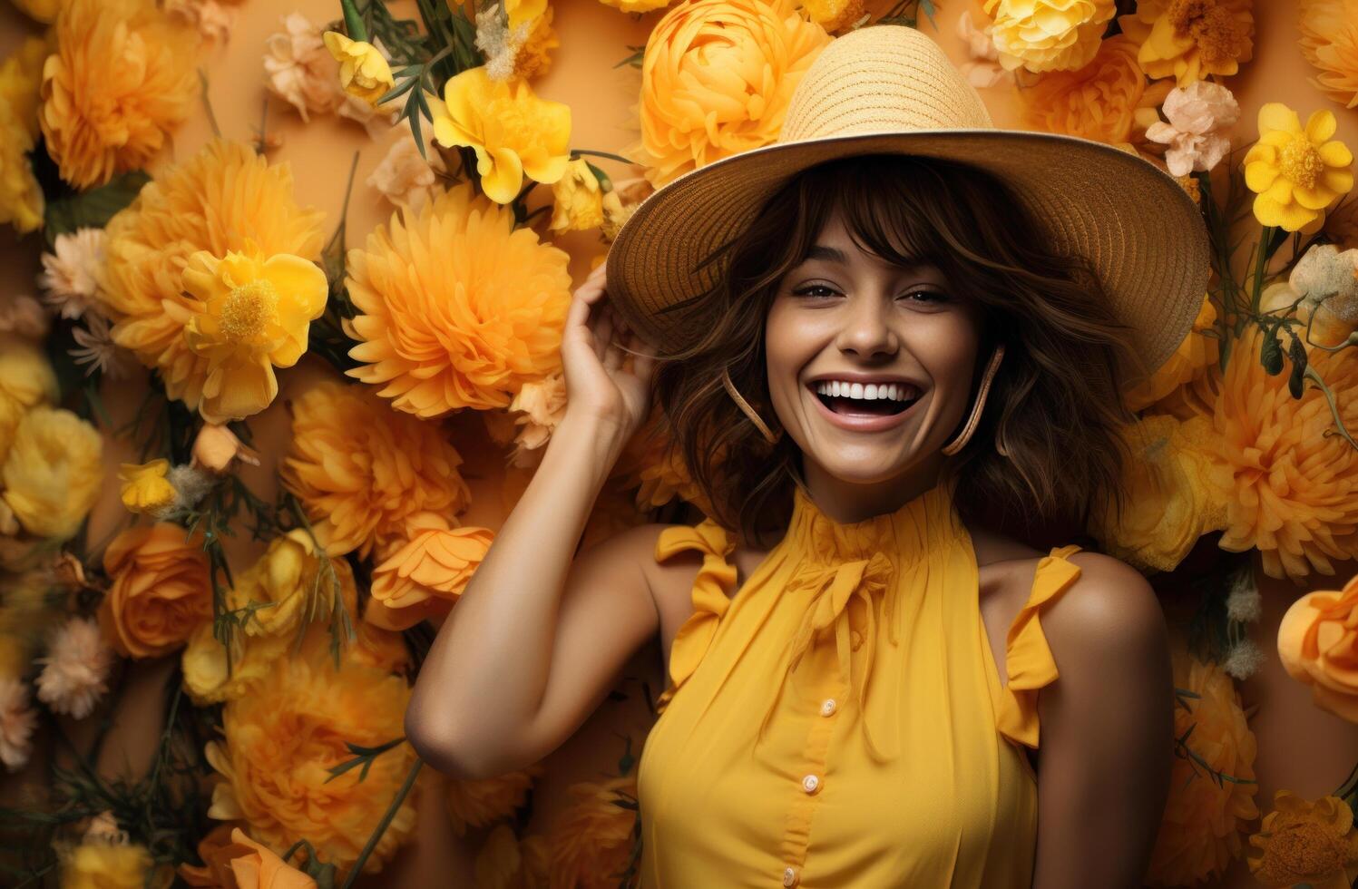AI generated female smiling in flower hat and wearing yellow dress photo