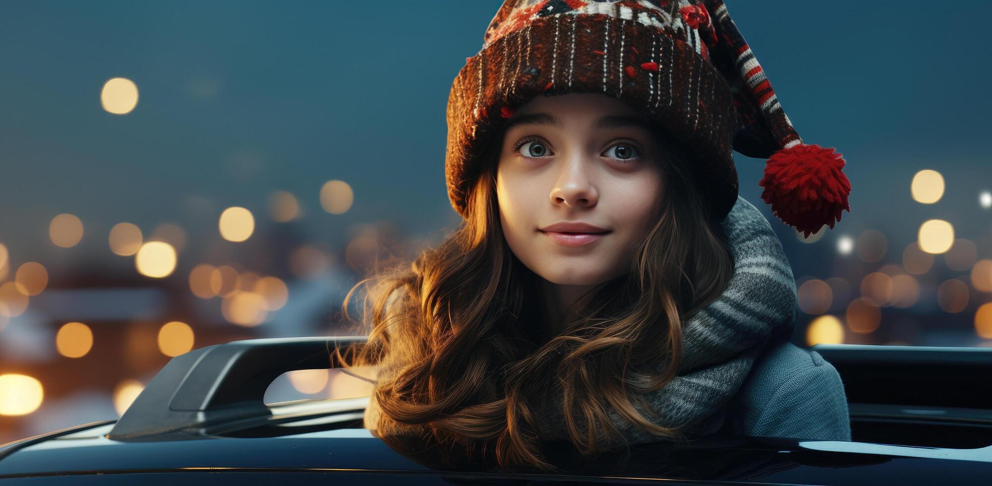 AI generated christmas time girl in christmas hat standing on the roof of the car photo