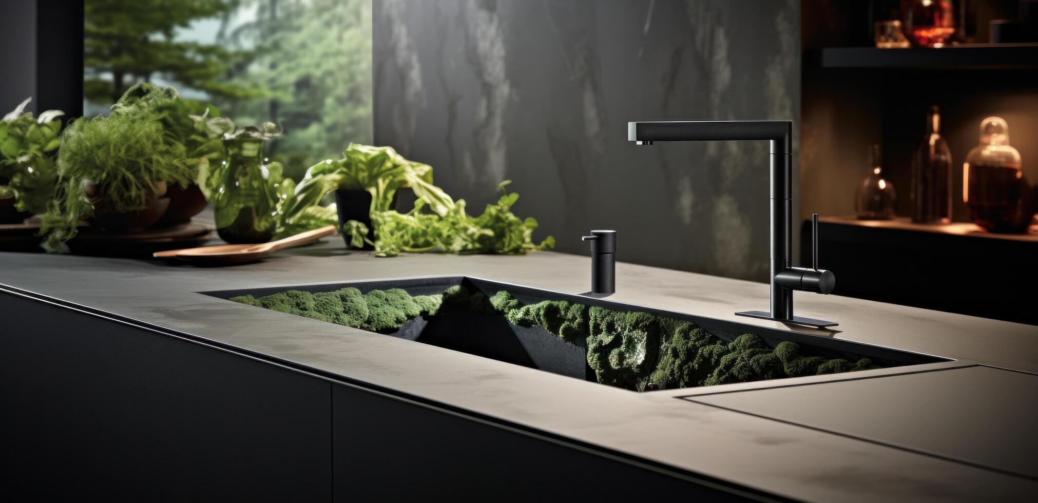 AI generated dark steel kitchen sink with water jets and green plants photo