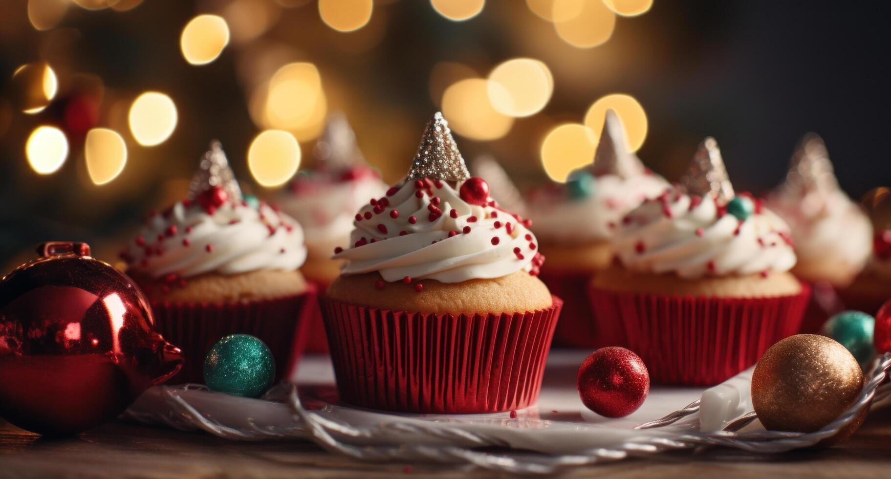 AI generated cupcake with decorations on top on a table photo