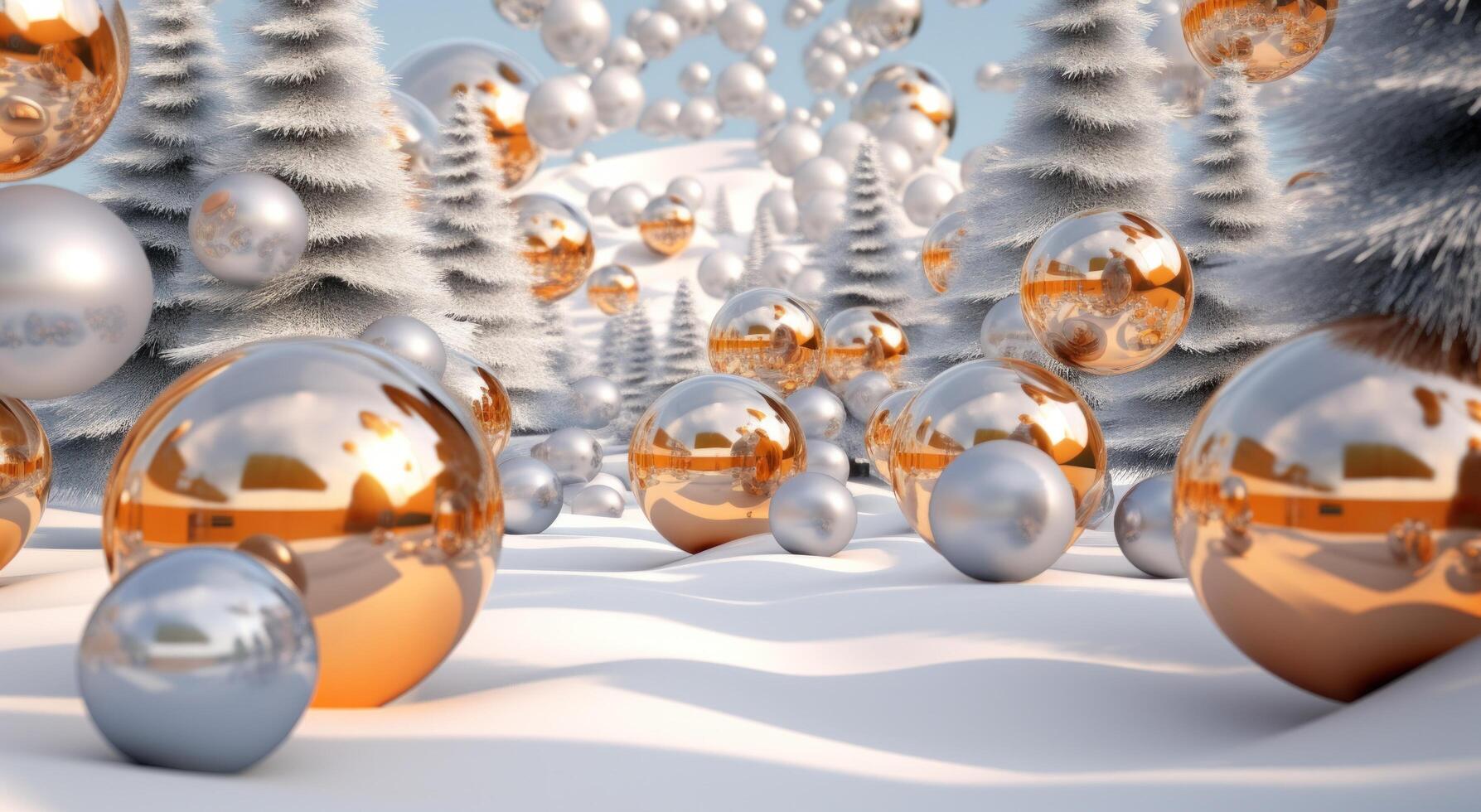 AI generated flurry of christmas ornament balls in snowy pine branches photo
