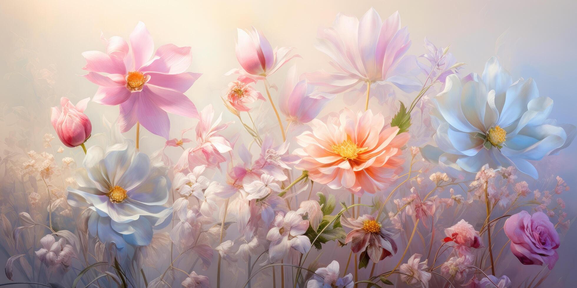 AI generated colorful flowers and light rays in the background photo