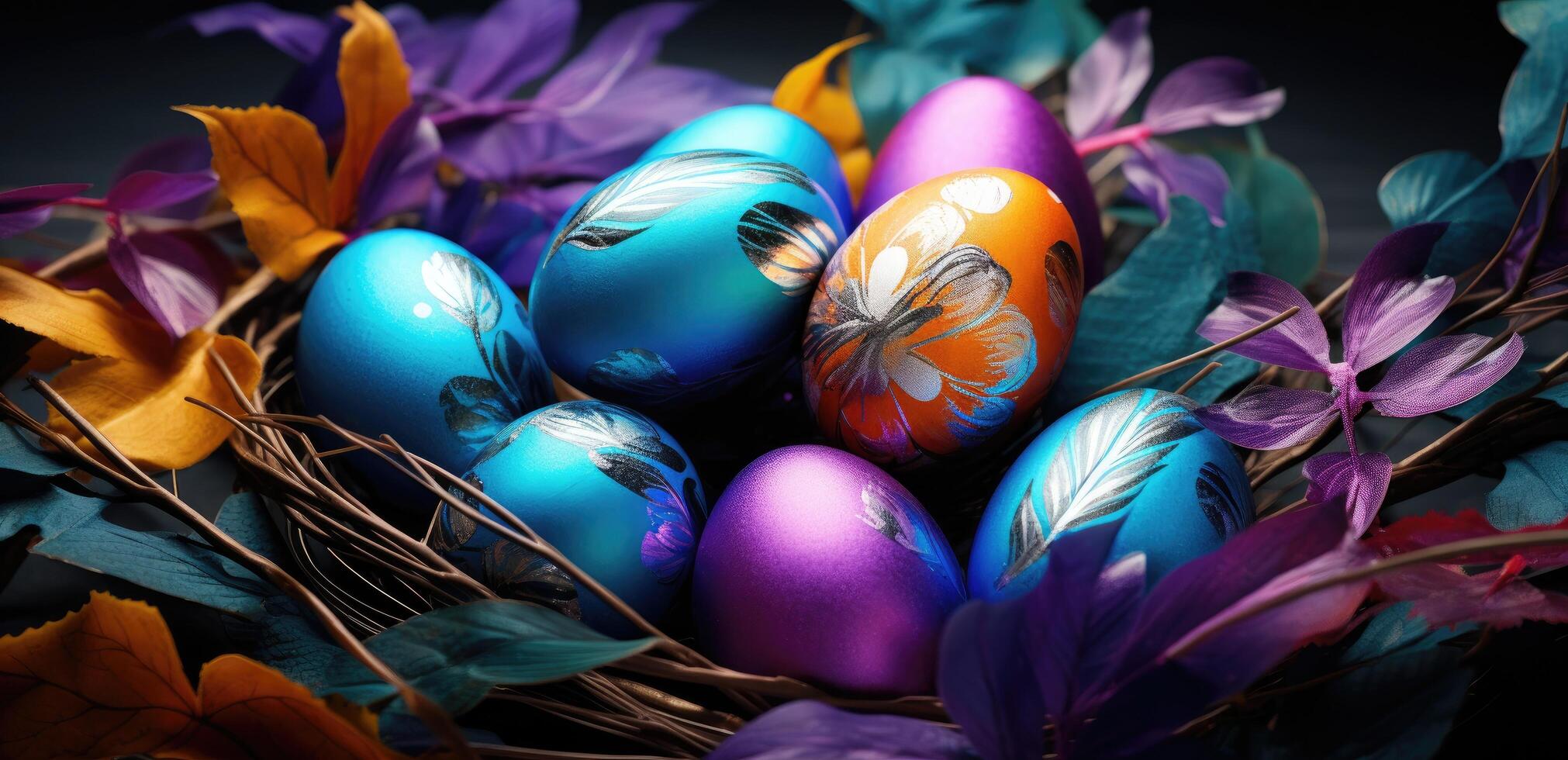 AI generated colorful colorful spring easter eggs on a green leaf photo