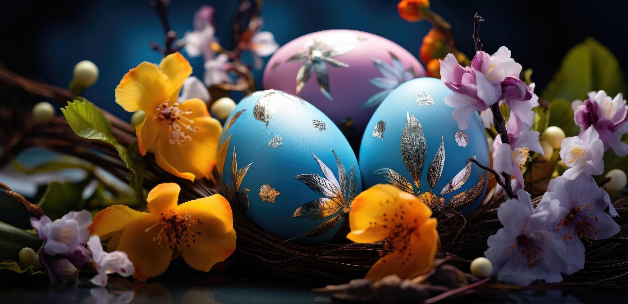 AI generated colorful colorful spring easter eggs on a green leaf photo
