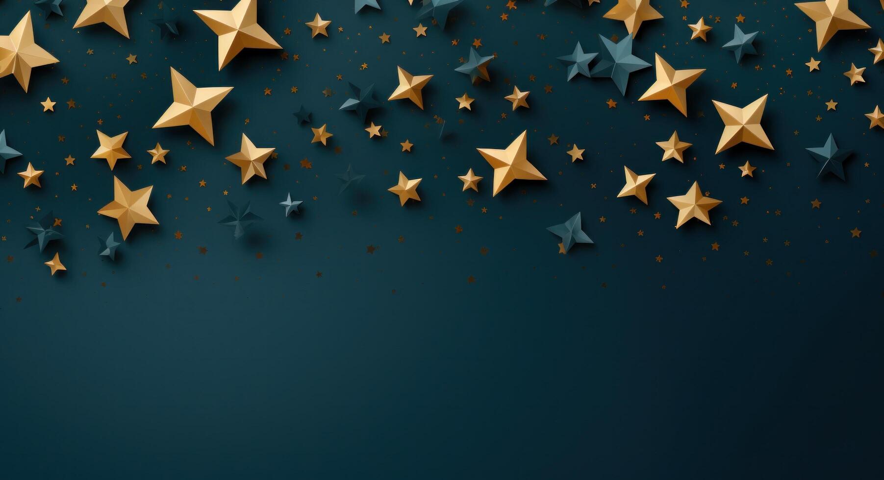 AI generated golden stars flying down on a blue background photo