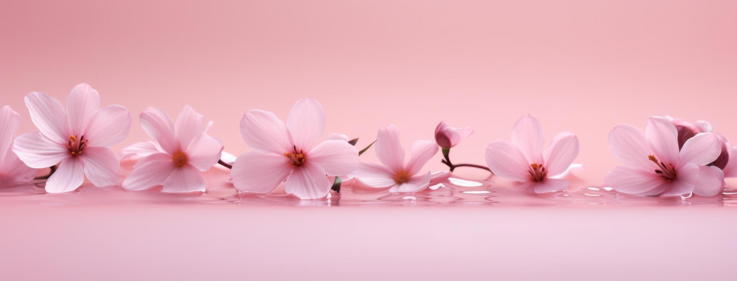 AI generated pink flowers floating on the pink surface, copy space photo