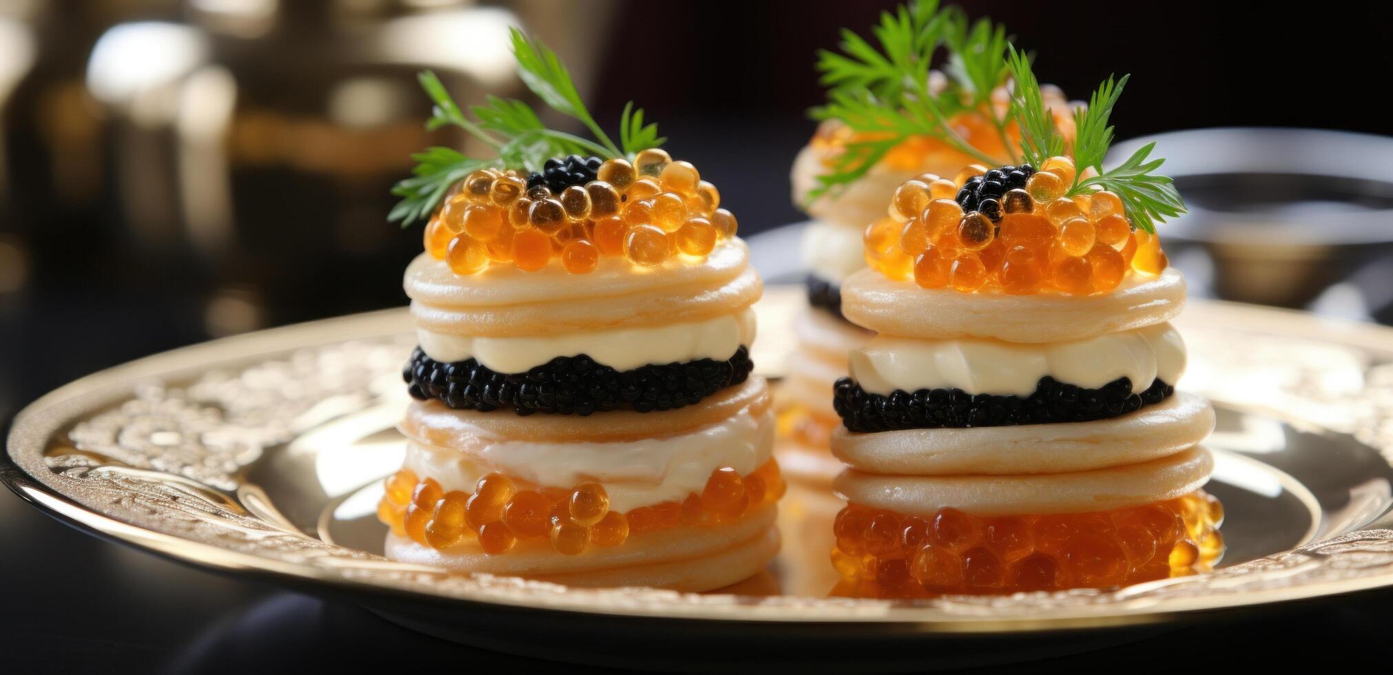 AI generated little bites with caviar on white plate photo