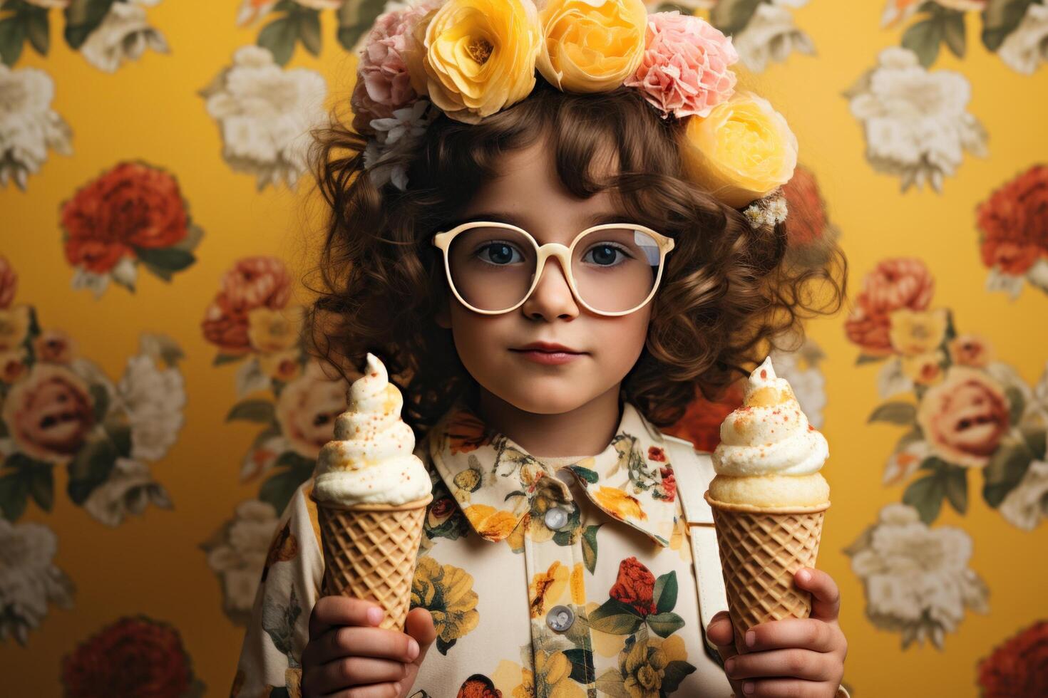 ai generado pequeño niña en Gafas de sol comiendo hielo crema foto