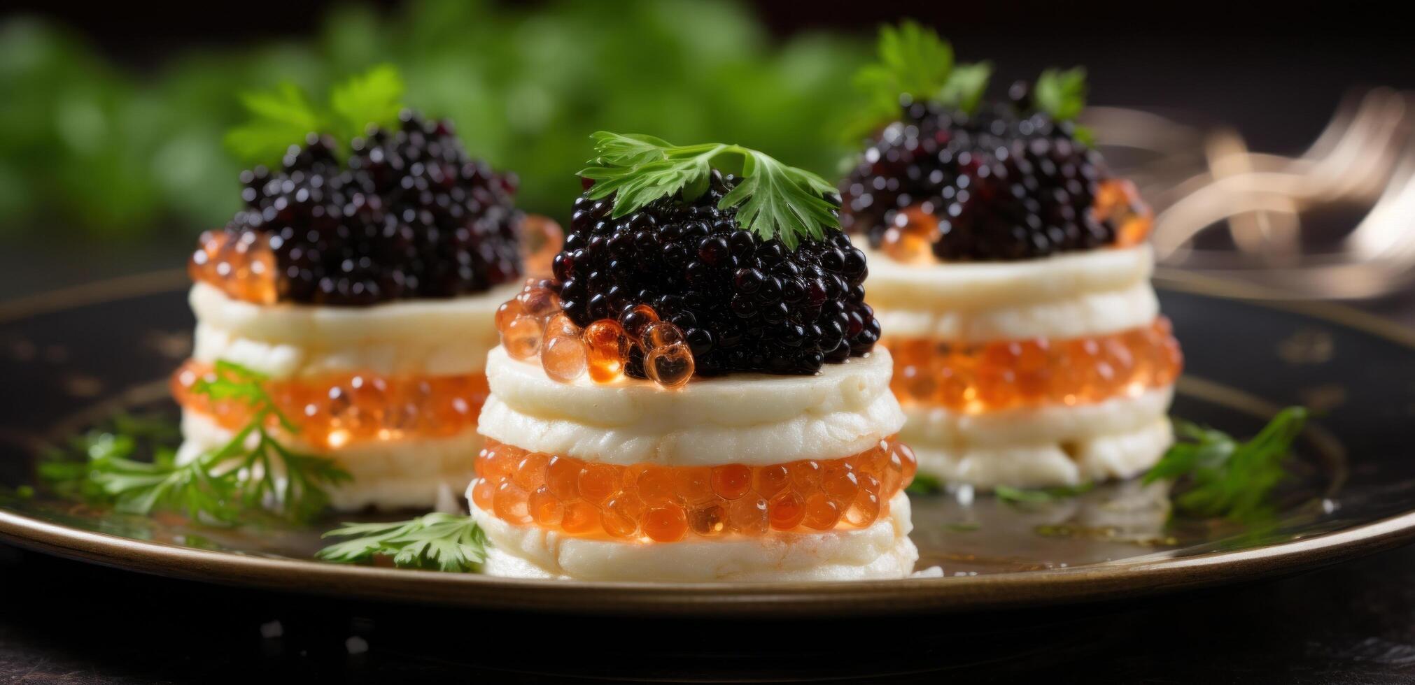 AI generated little bites with caviar on white plate photo