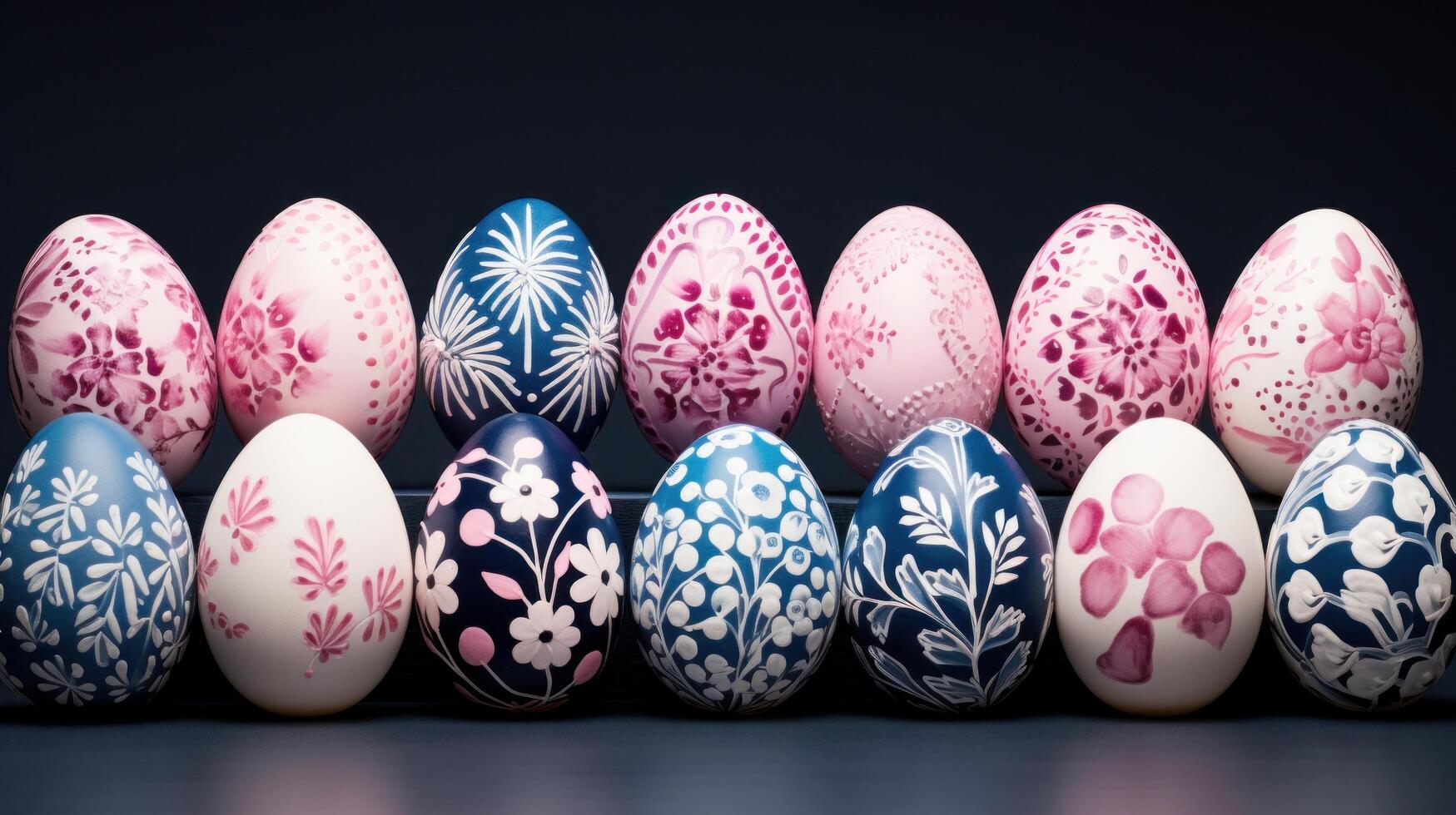 AI generated many painted easter eggs are lined up with floral designs photo