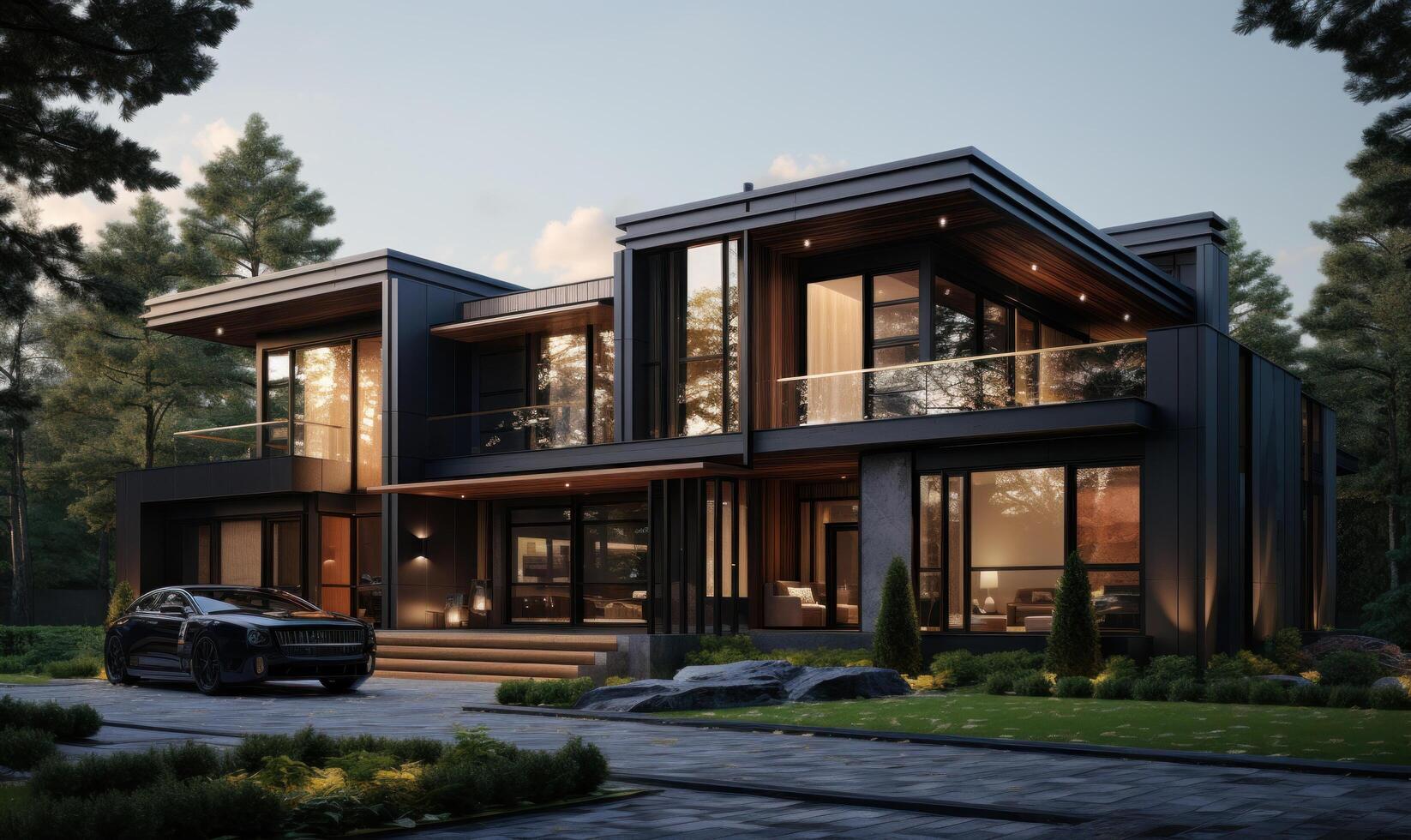 AI generated luxury modern home design ideas black exterior home exterior photo