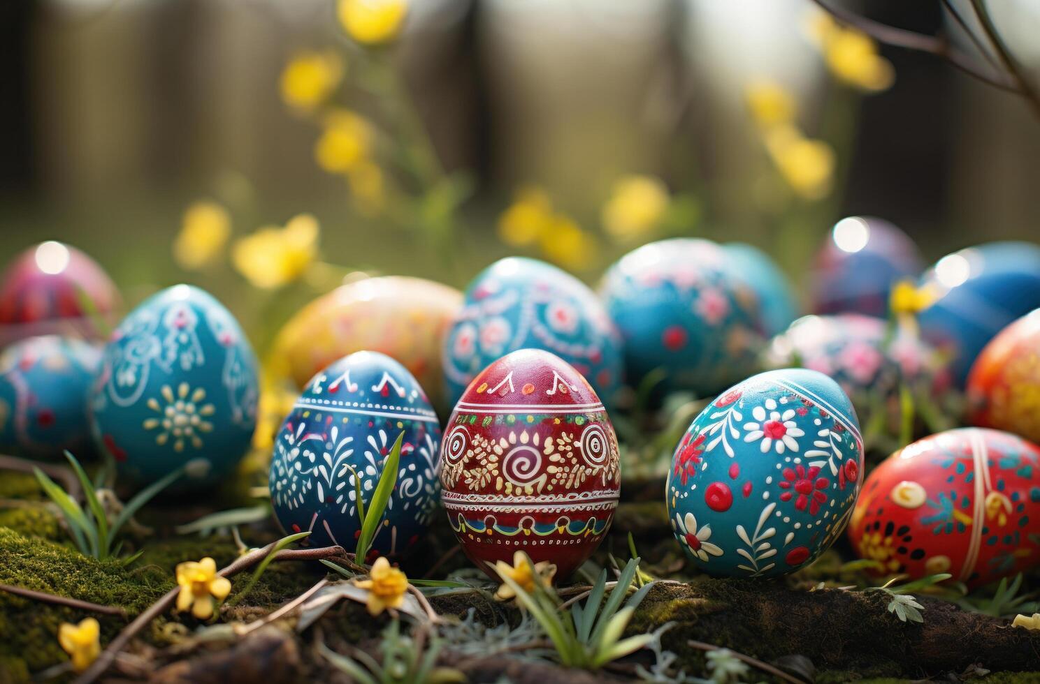 AI generated easter eggs on grass with colorful background photo