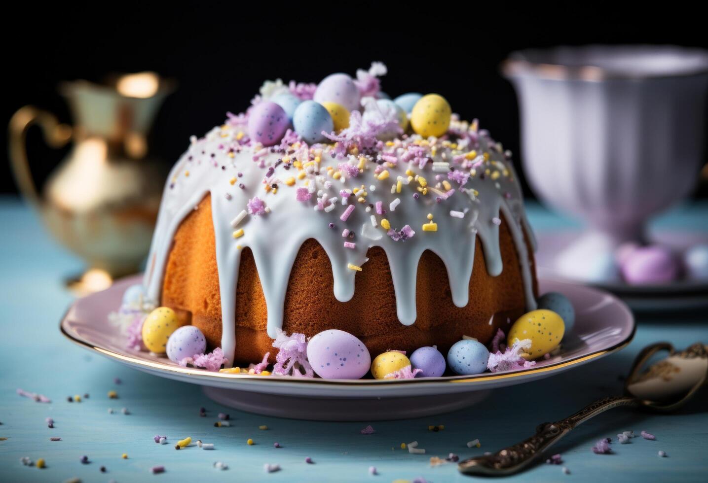 ai generado Pascua de Resurrección bundt pastel con Crema foto