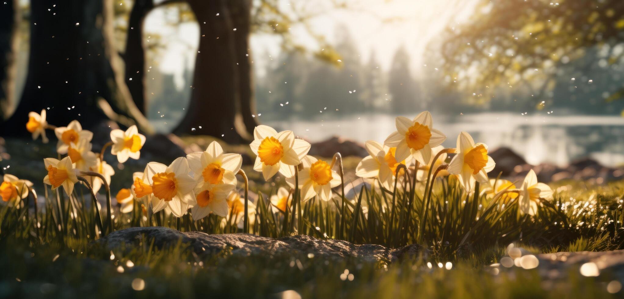 ai generado narcisos en frente de un árbol y arboles foto