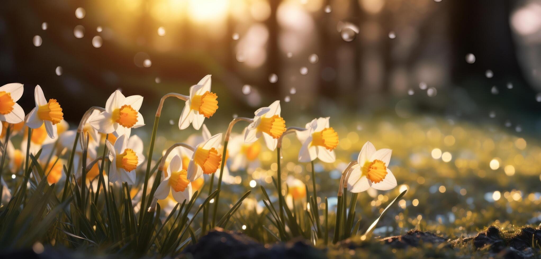 AI generated daffodils in front of a tree and trees photo