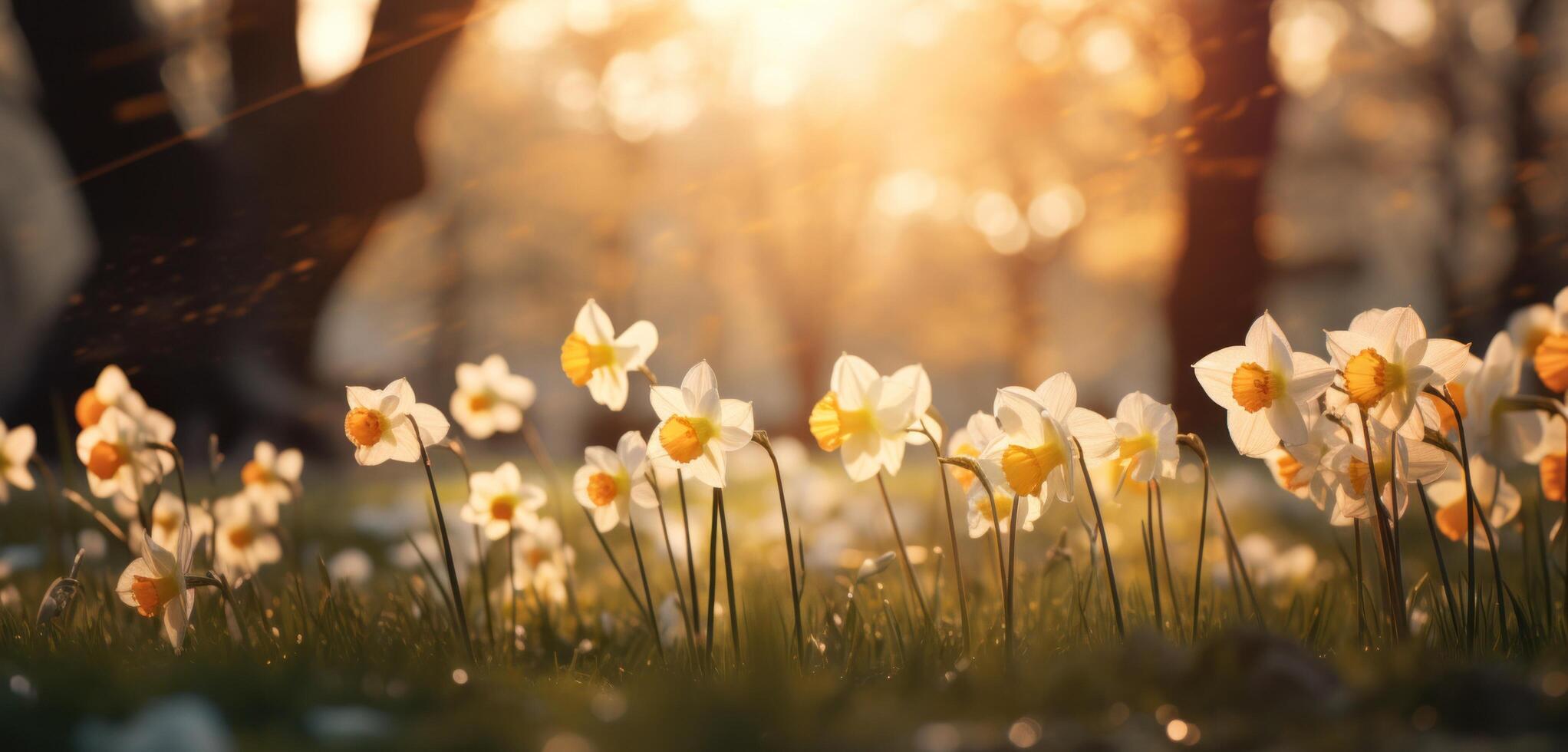 AI generated daffodils in front of a tree and trees photo