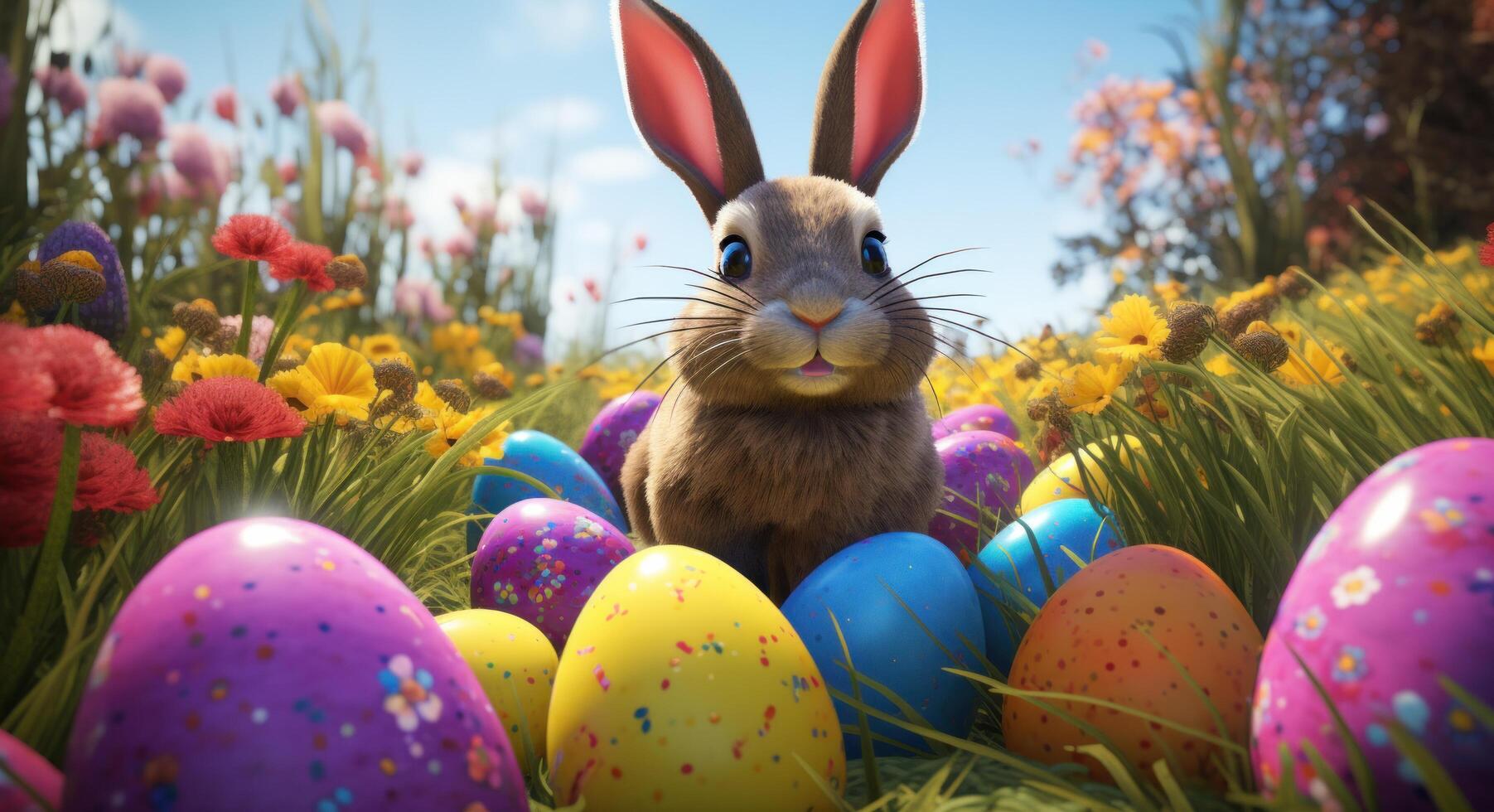 AI generated easter bunny in a field of colored eggs photo